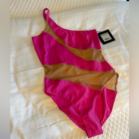 NWT NORMA KAMALI X REVOLVE SNAKE MESH ONE PIECE SIZE LARGE HOT PINK NUDE - Picture 4 of 8